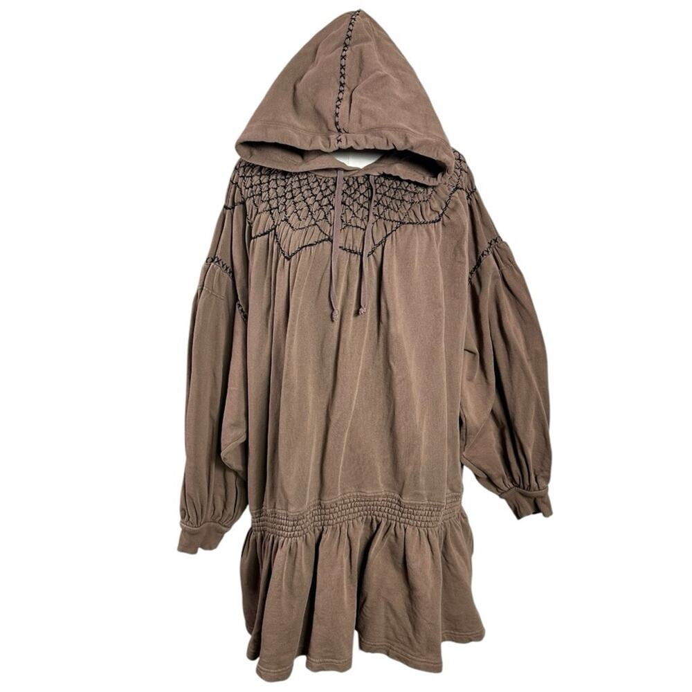 Free People Bohemian Marty Smocked Mini Dress Brown Bear Sweatshirt Tunic Medium - Picture 9 of 15